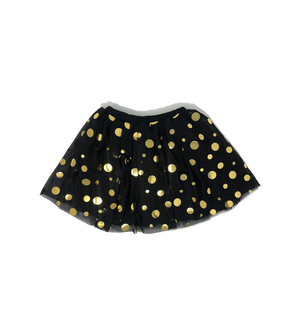 Girls black tulle puff sleeve top and gold polka dot skirt set