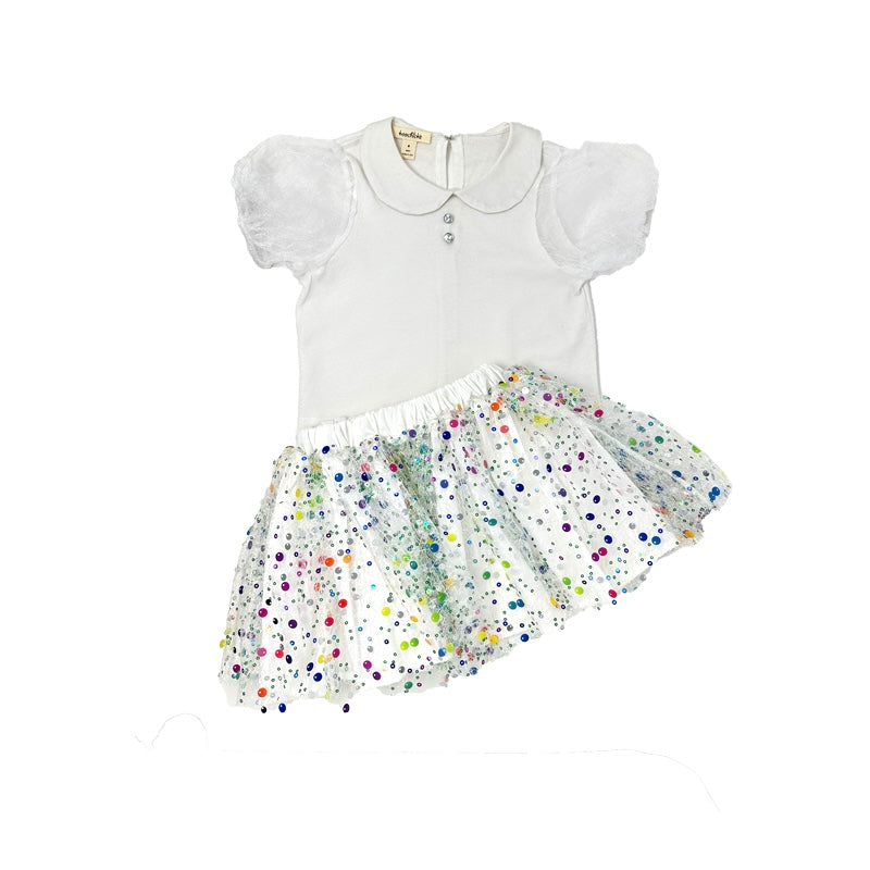 Girls White Rainbow Tutu and Puff Sleeve Top Set