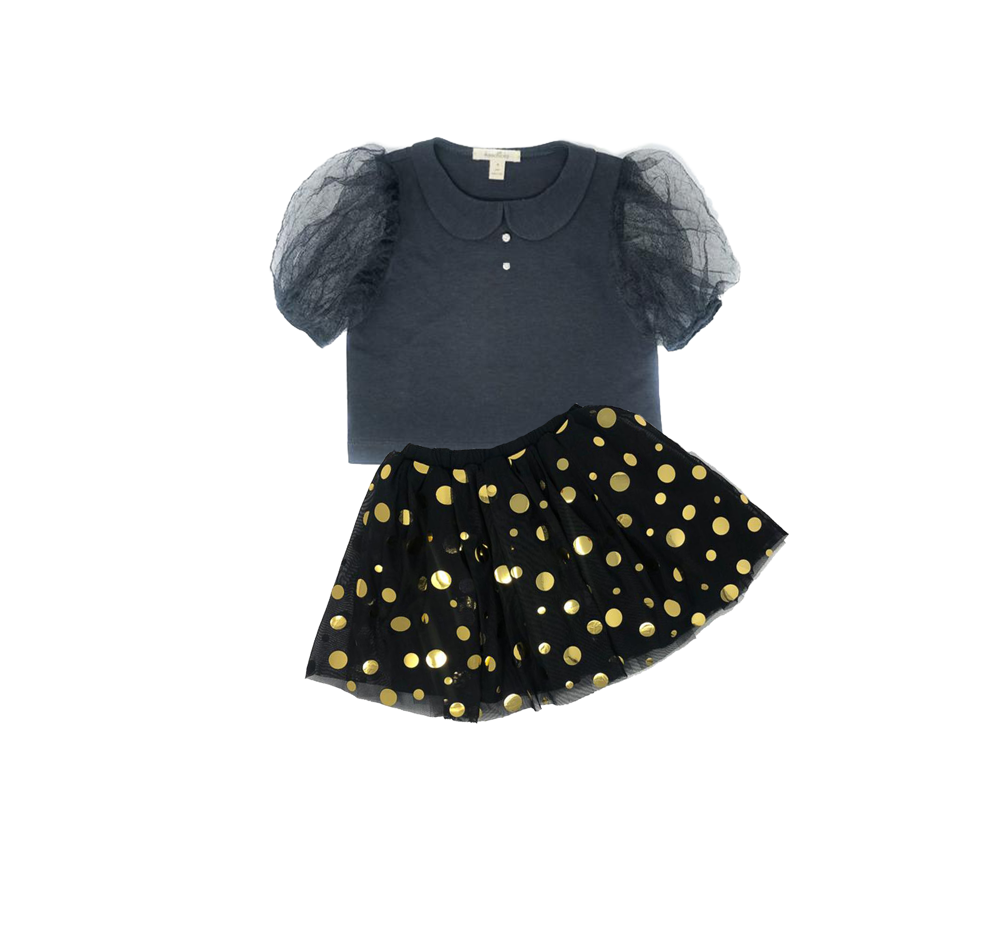 Girls black tulle puff sleeve top and gold polka dot skirt set