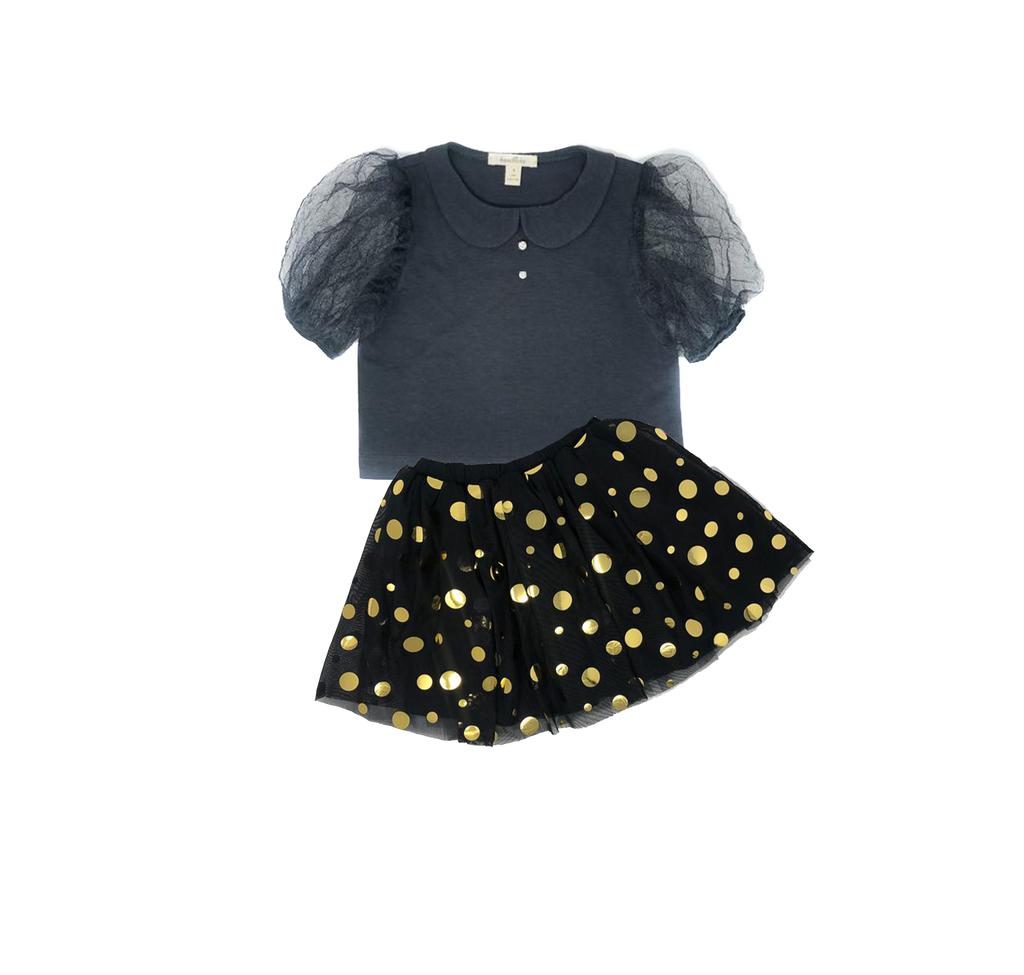 Girls black tulle puff sleeve top and gold polka dot skirt set