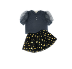 Girls black tulle puff sleeve top and gold polka dot skirt set