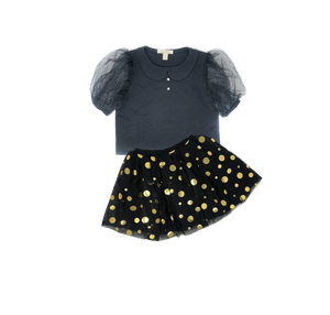 Girls black tulle puff sleeve top and gold polka dot skirt set