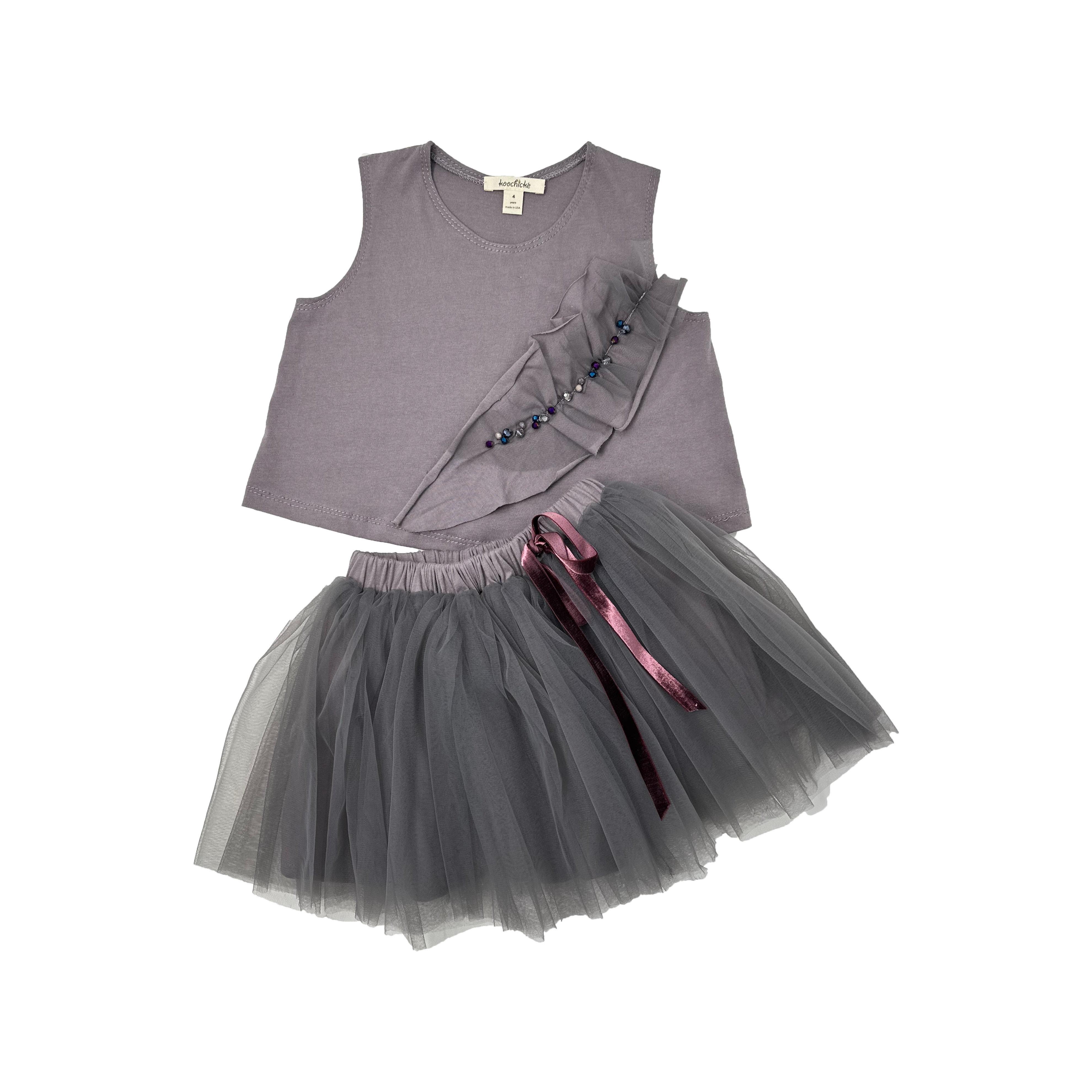 Girls Gray A-Line Top and Tull Skirt with Velvet Bow Set