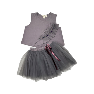 Girls Gray A-Line Top and Tull Skirt with Velvet Bow Set