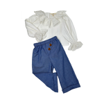 Girls white embroidery neck top and navy polkadot wide leg pants set