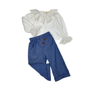 Girls white embroidery neck top and navy polkadot wide leg pants set