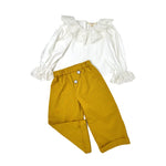 Girls white embroidery neck top and mustard linen wide leg pants set