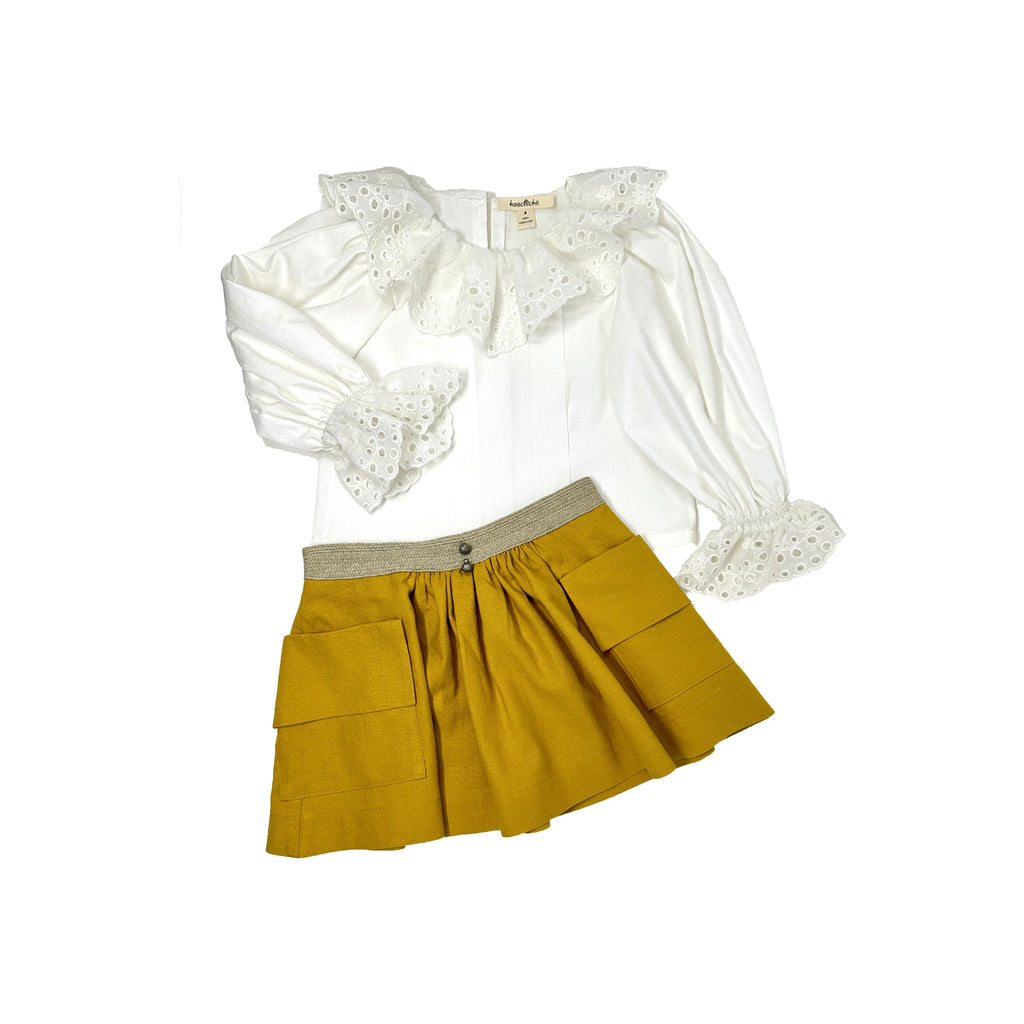 Girls white embroidery neck shirt and cargo pocket skirt set
