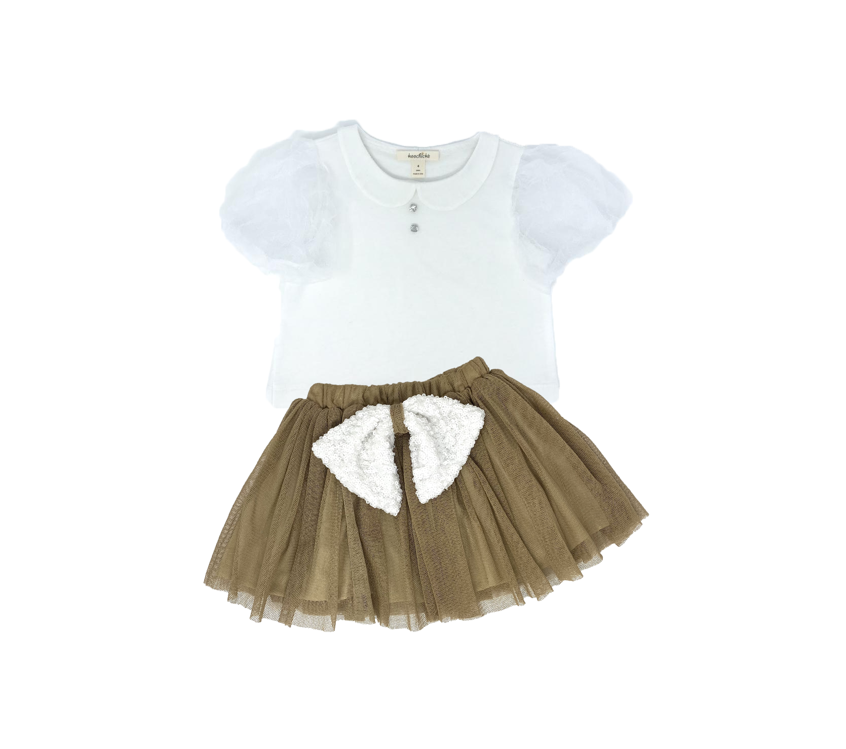 Girls white puff sleeve top and taupe tulle skirt set