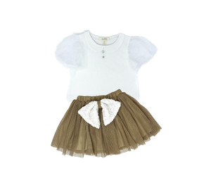 Girls white puff sleeve top and taupe tulle skirt set