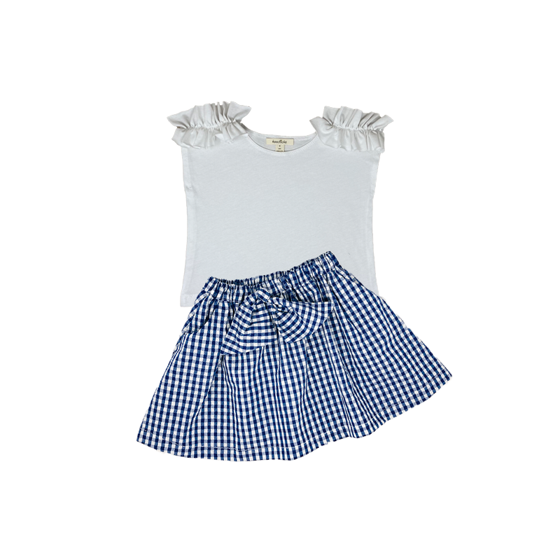 Girls Blue Plaid Skirts with White Top Set