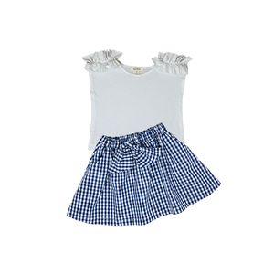 Girls Blue Plaid Skirts with White Top Set