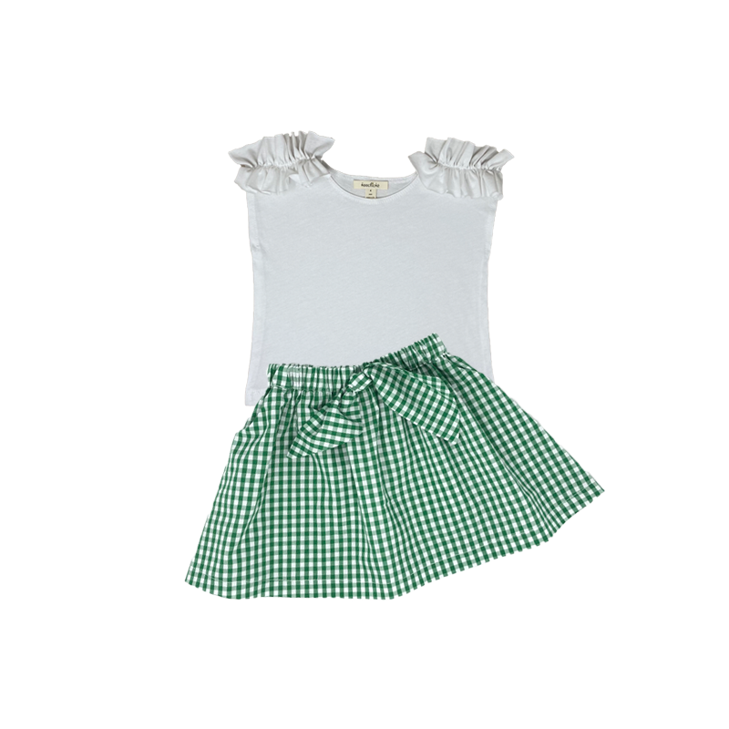 Girls Green Plaid Skirt with White Top Set