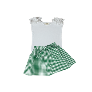 Girls Green Plaid Skirt with White Top Set