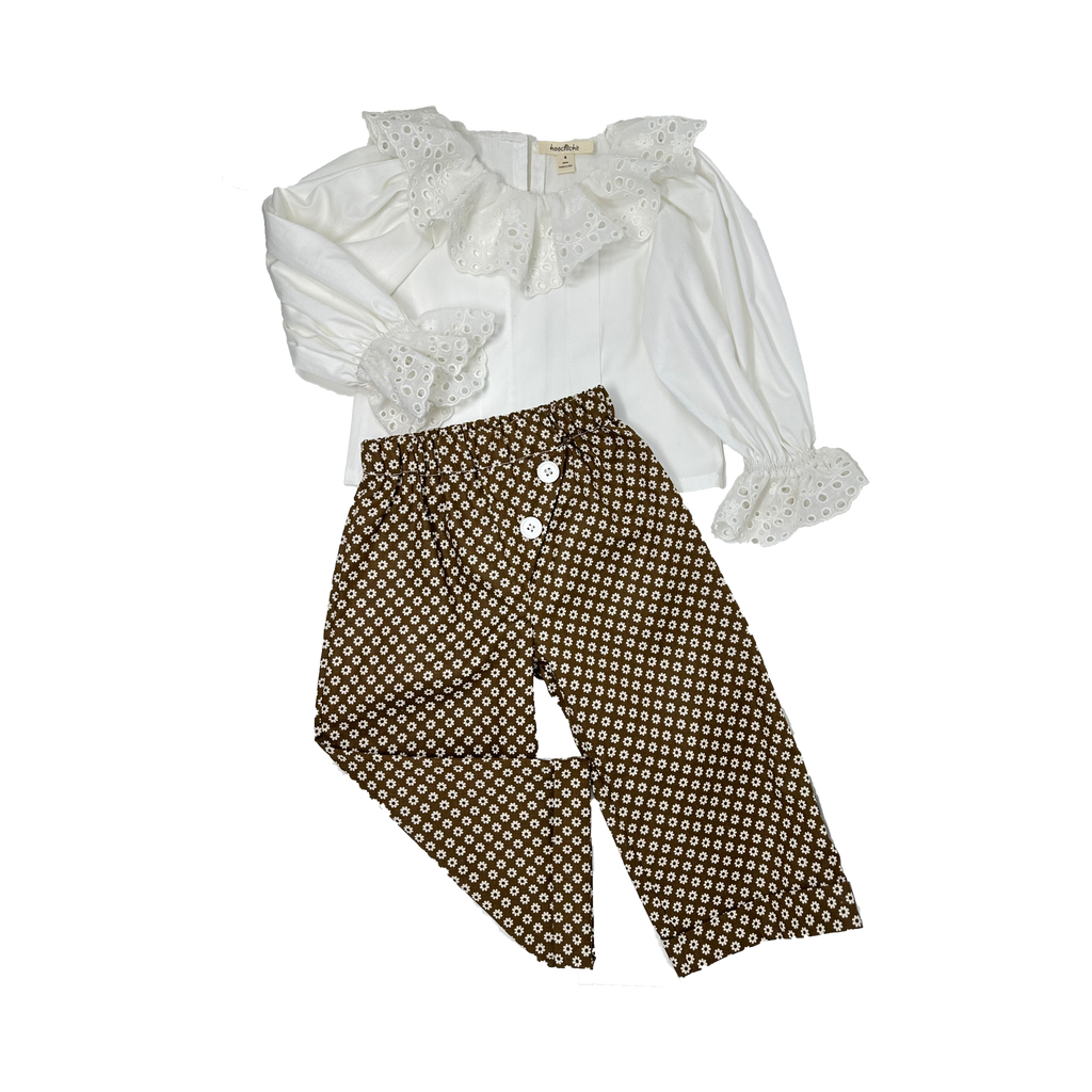 Girls white embroidery neck top and brown daisy-printed wide leg pants
