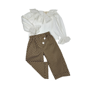 Girls white embroidery neck top and brown daisy-printed wide leg pants