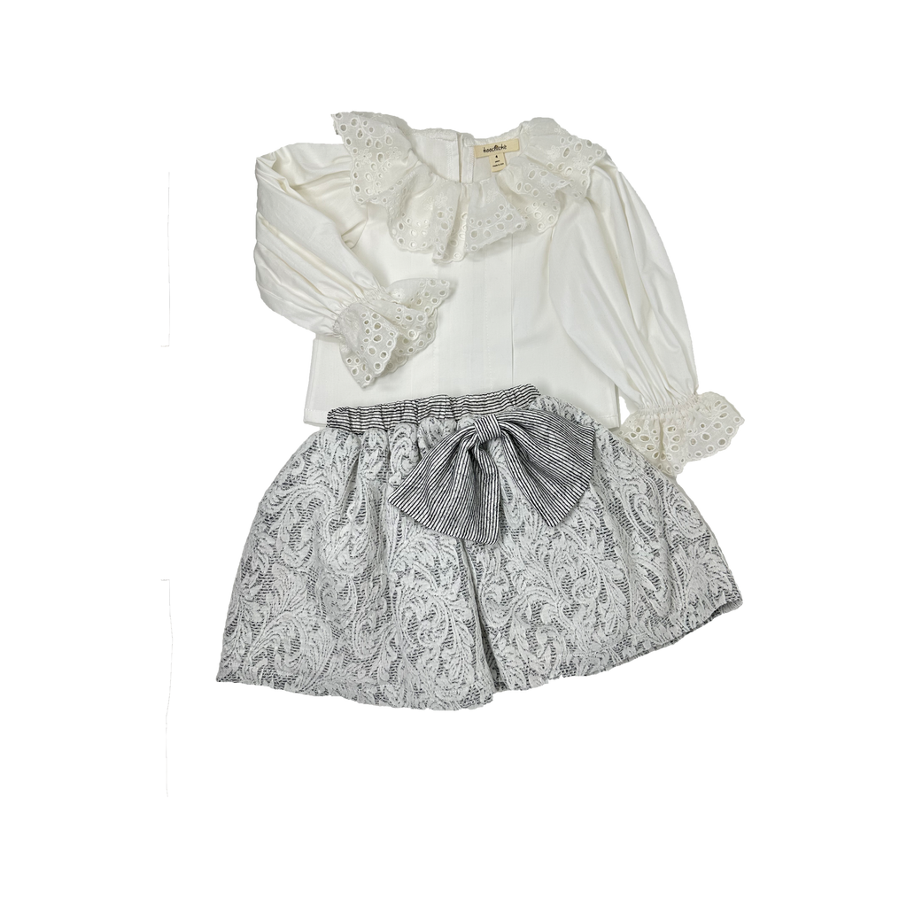 Girls white embroidery neck top and white,gray lace skirt set