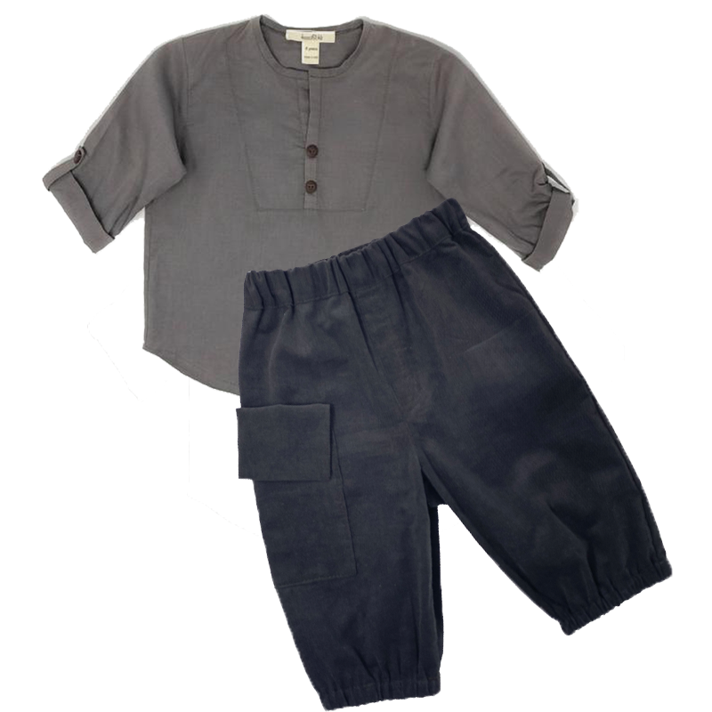 Boys Three quarter sleeve shirt and Corduroy brown cargo pants Set