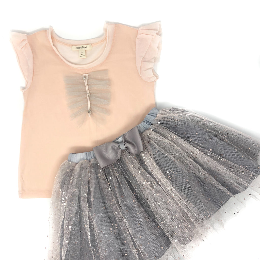 Girls Glittered tulle skirt and coral top Set