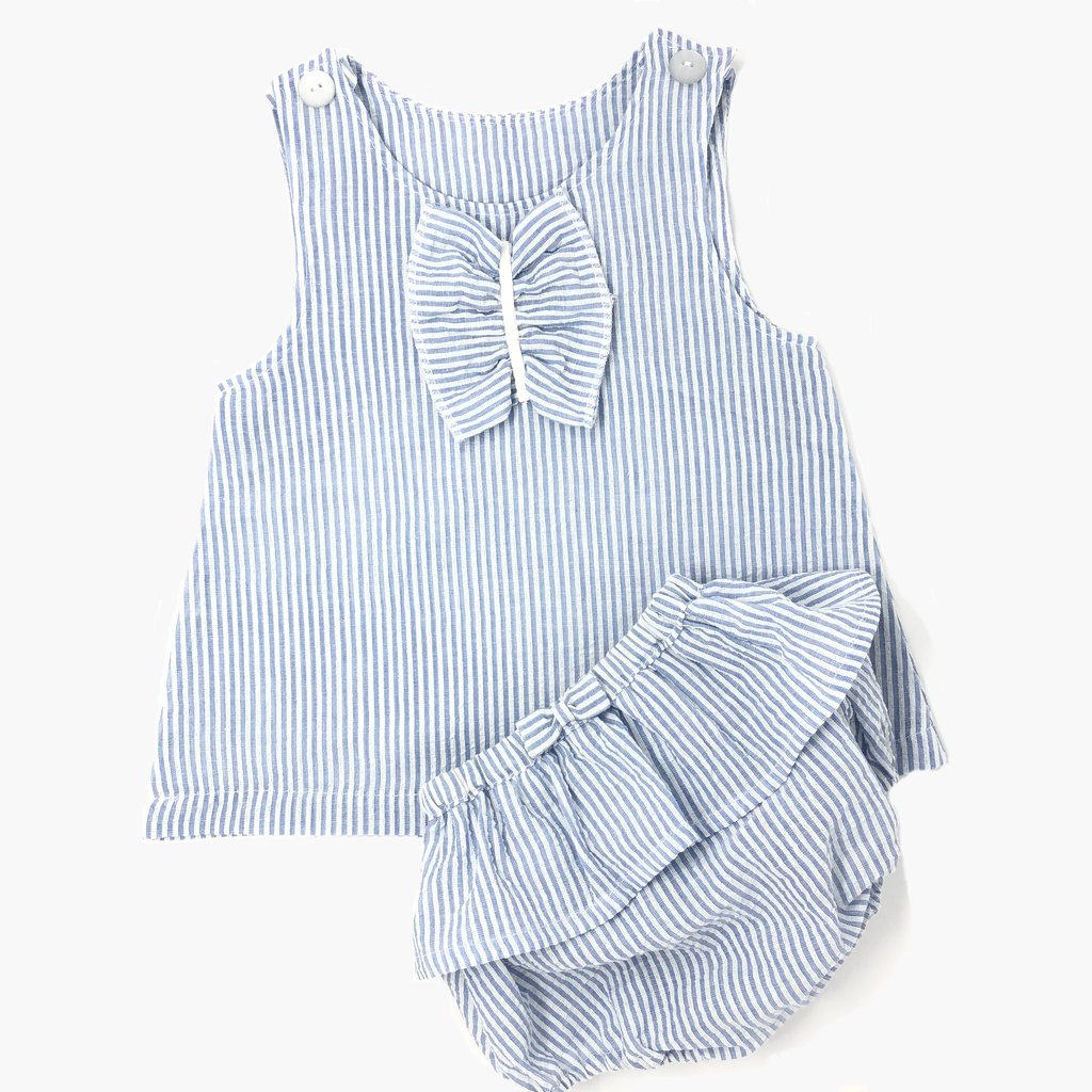 Girls Blue Striped dress with bloomers set