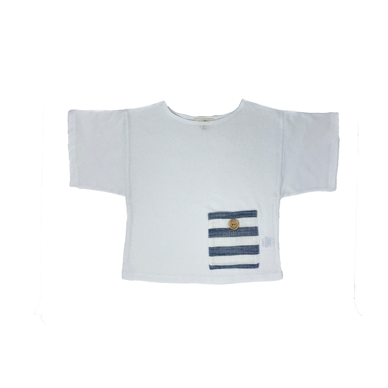 Boys White Short Sleeve T-Shirt with Striped Pocket