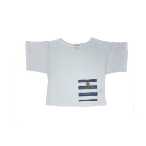 Boys White Short Sleeve T-Shirt with Striped Pocket